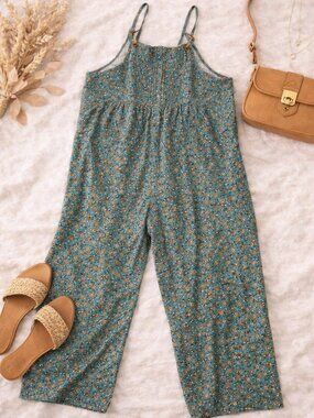 Floral Wide Leg Jumpsuit XXL Green Boho Sleeveless Cropped Romper